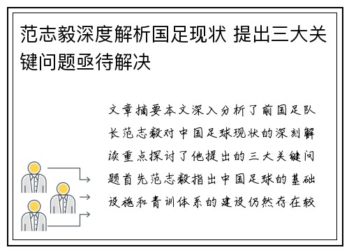 范志毅深度解析国足现状 提出三大关键问题亟待解决