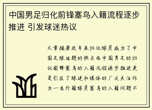 中国男足归化前锋塞鸟入籍流程逐步推进 引发球迷热议